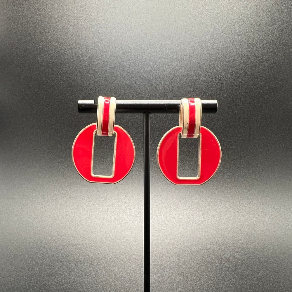 Chaps Drop Earrings Red White Enamel Silver Tone Geometric Bold Striped Nautical